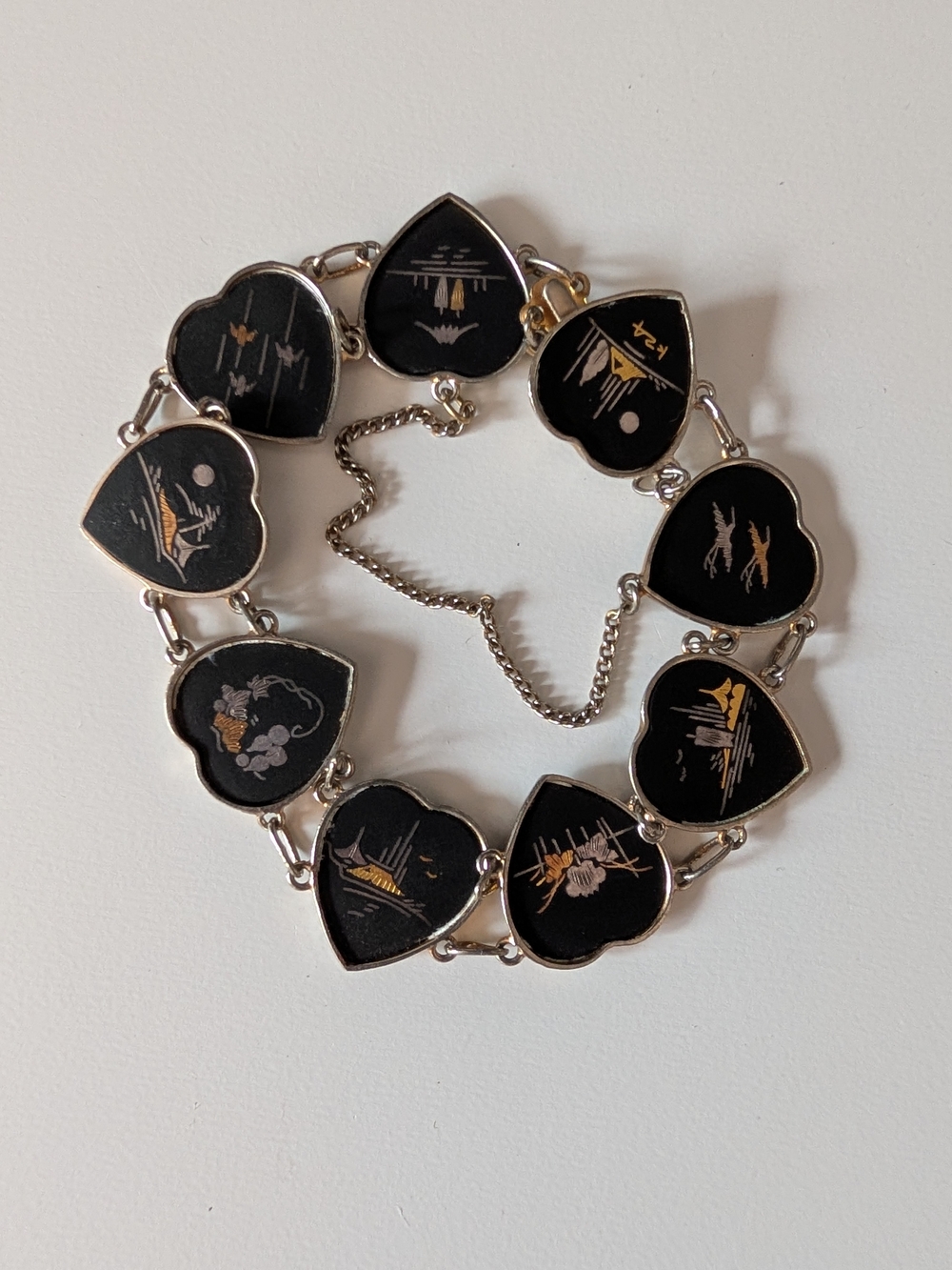 Vintage Japanese Damascene K24 Heart Link Bracelet Gold Silver Inlay